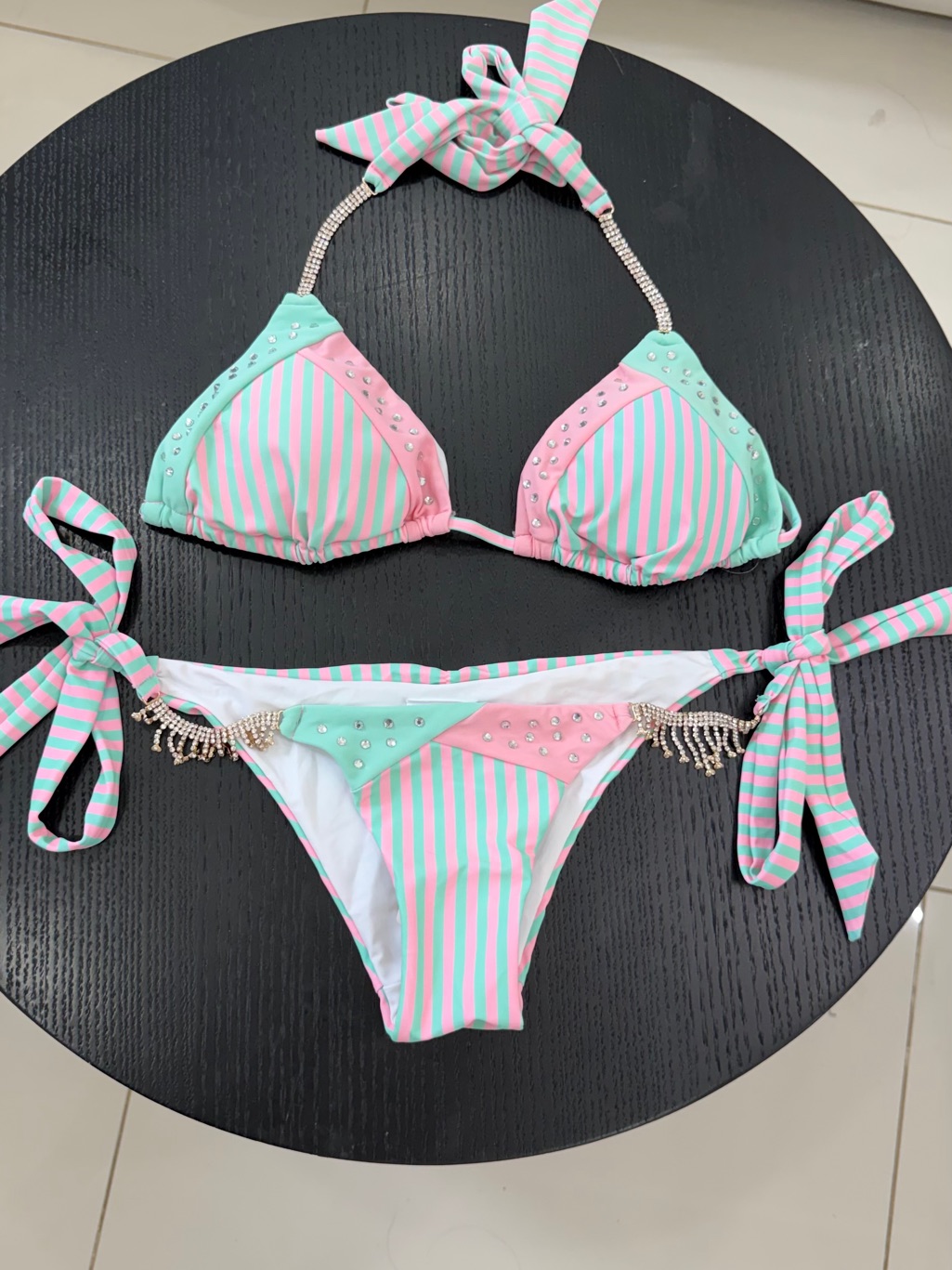 Striped Pink & Teal Tie-Side Triangle Bikini Medium Top & Xs Bottom Nwt — image 7 of 8